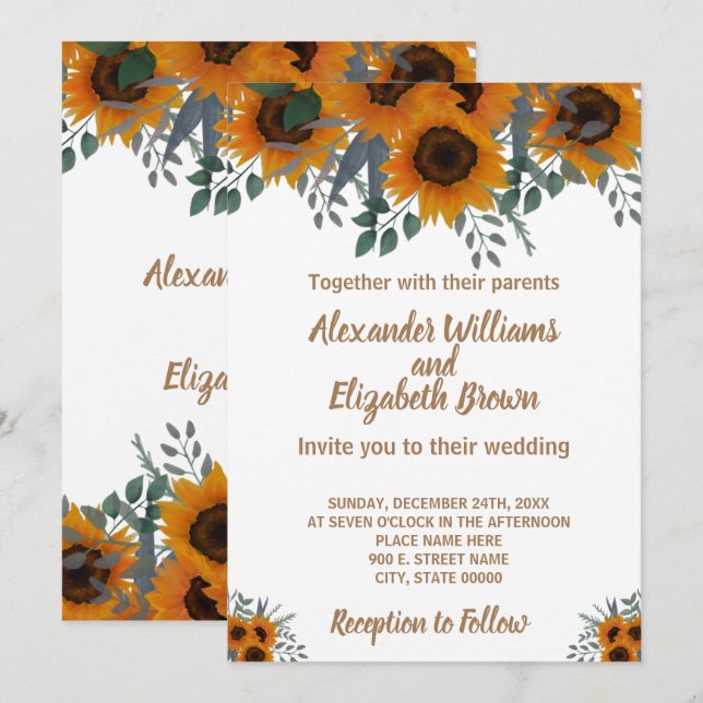 Invitation Mariage Pays Chic Tournesols Verdure (Devant / Derrière)