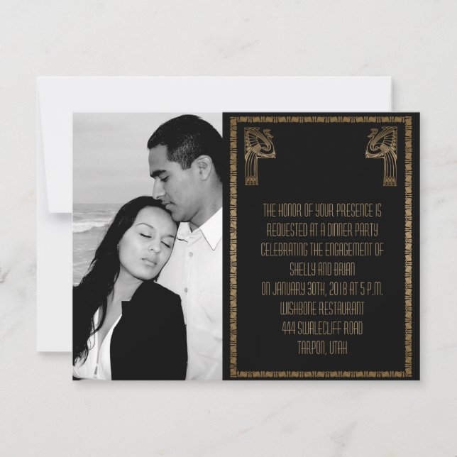 Invitation Mariage Peacock Art Déco noir et or (Devant)