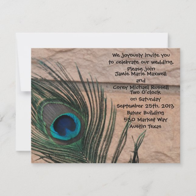 Invitation Mariage Peacock Feathers with Bricks (Devant)