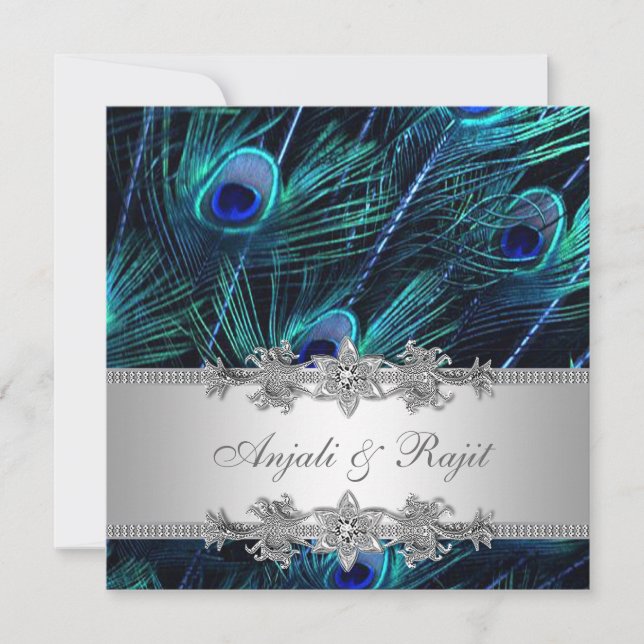 Invitation Mariage Peacock Royal Bleu Argent (Devant)