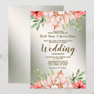 Invitation Mariage Pêche Orange Floral Golden Frame Rustique