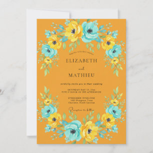 Invitation Mariage peint à la main moutarde turquoise