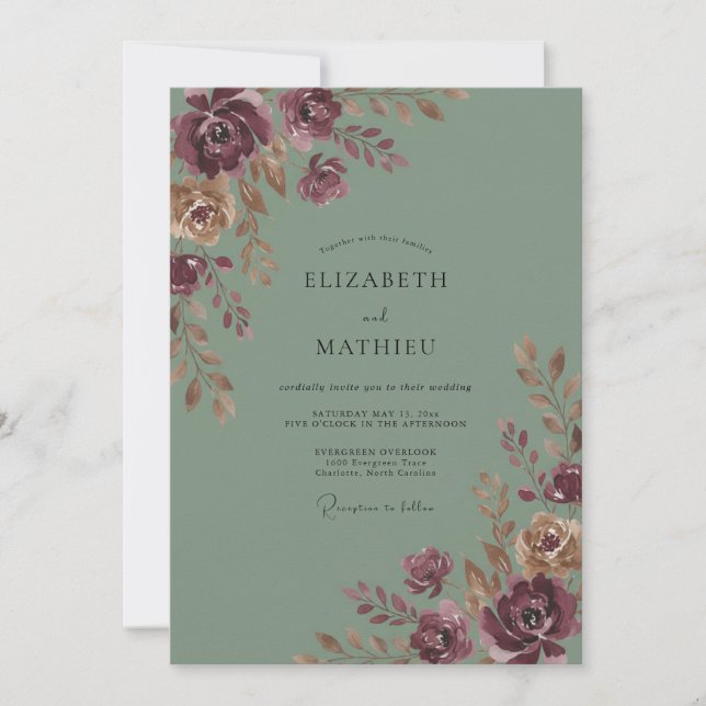 Invitation Mariage peint au céladon prune (Devant)