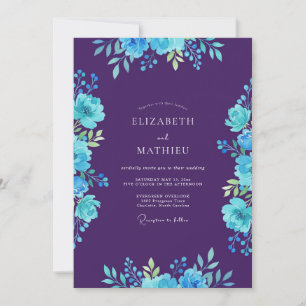 Invitation Mariage peint au prune cyan romantique