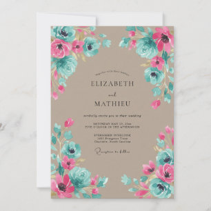 Invitation Mariage peint Cottagecore Turquoise Magenta