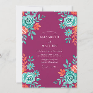 Invitation Mariage peint en aquarelle magenta céleste