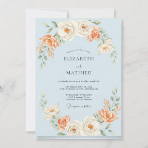 Invitation Mariage peint en bleu pêche poudré
