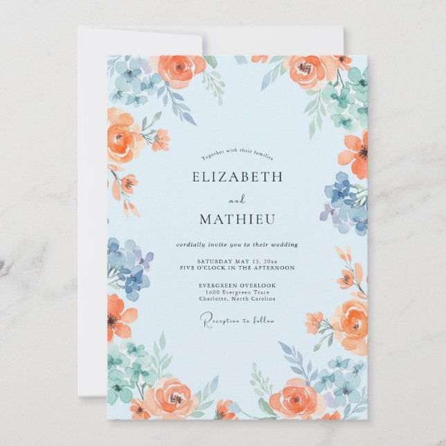 Invitation Mariage peint en corail azur poussiéreux (Devant)