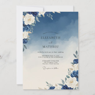 Invitation Mariage Peint en Ivoire de Cobalt