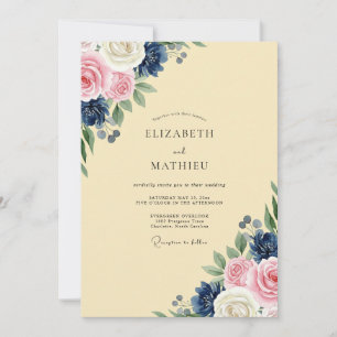 Invitation Mariage Peint en Rose Navy