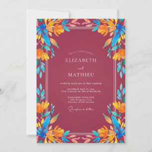 Invitation Mariage peint orange bordeaux tropical