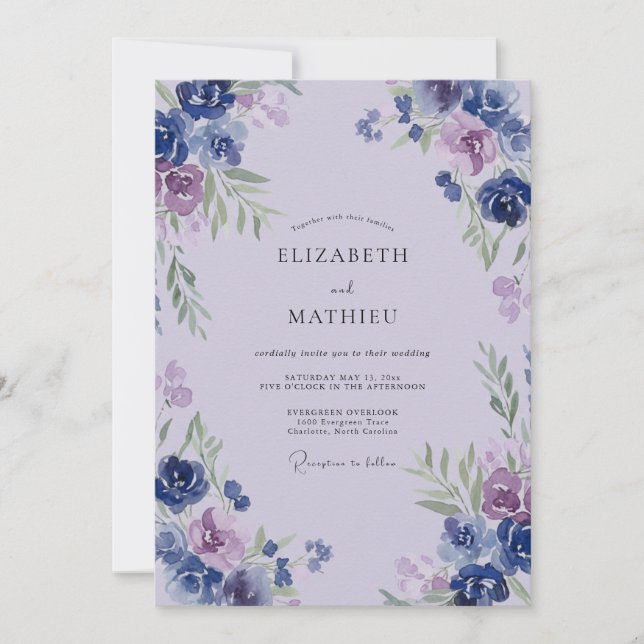 Invitation Mariage peint Pervenche Douce Lilas (Devant)