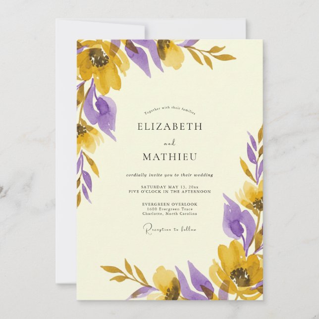 Invitation Mariage peint rustique jaune violet (Devant)