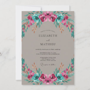 Invitation Mariage peint taupe magenta sarcelle