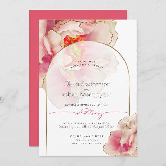 Invitation MARIAGE | Peony Rose de corail exotique (Devant / Derrière)