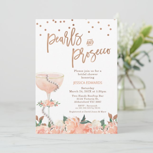 Invitation Mariage Perles Florales de Pêche Prosecco  (Debout devant)