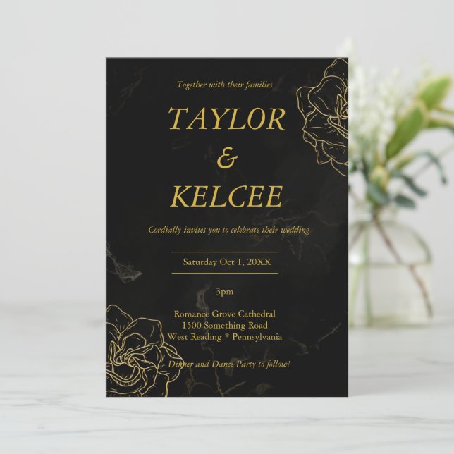 Invitation Mariage PERSONNALISABLE Black and Gold (Debout devant)
