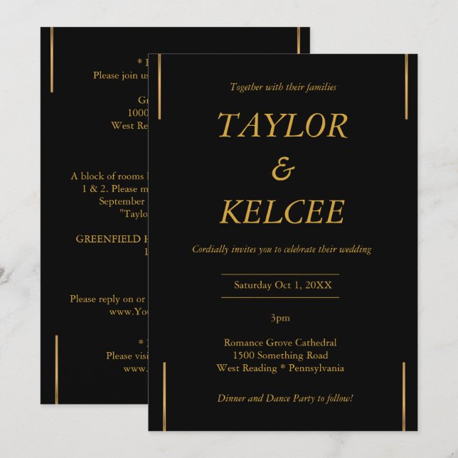 Invitation Mariage PERSONNALISABLE en or noir (Devant / Derrière)