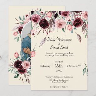 Invitation Mariage personnalisé avec photo florale bordeaux e