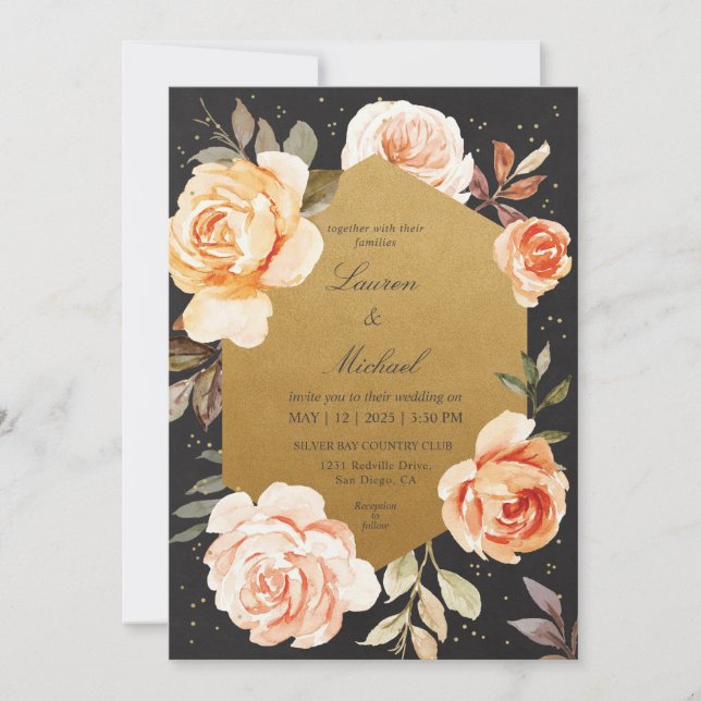 Invitation Mariage personnalisé Black Gold et Rose Peach Flow (Devant)