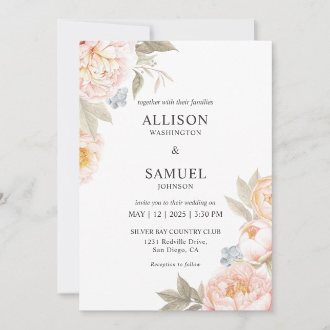 Invitation Mariage personnalisé blanc Berry Peach Fleurs (Devant)