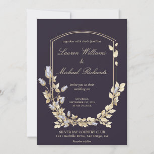 Invitation Mariage personnalisé Dark Blue Gold Flower Shield
