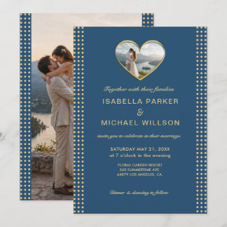 Invitation Mariage personnalisé Gold & Blue Polka Dot