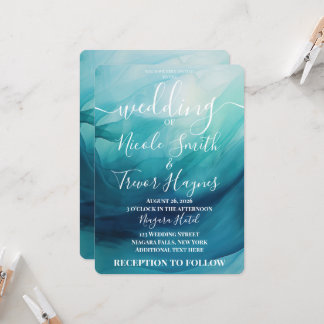 Invitation Mariage personnalisé vagues aquarelles bleu sarcel