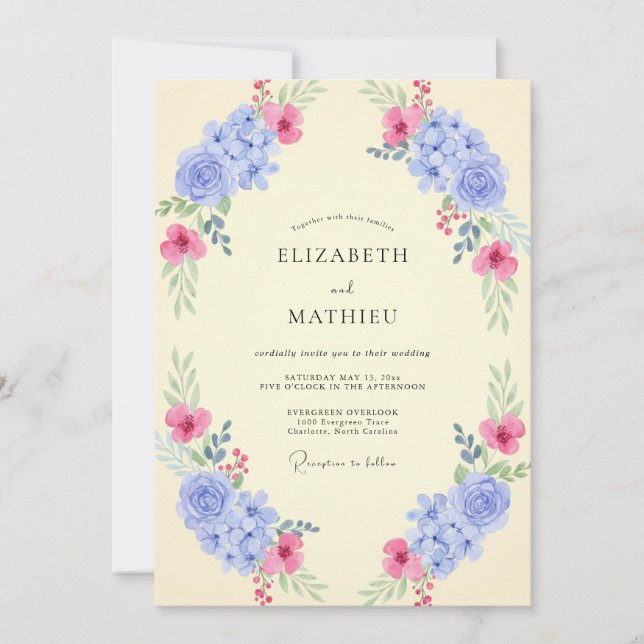 Invitation Mariage Pervenche Fuchsia Hydrangea Eucalyptus (Devant)