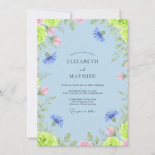 Invitation Mariage Pervenche Rose Bleuet Eucalyptus