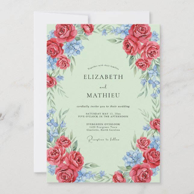 Invitation Mariage Pétale Cramoisi Menthe (Devant)