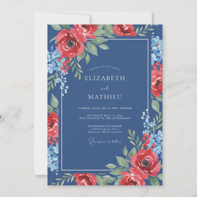 Invitation Mariage Pétale Indigo Cramoisi (Devant)
