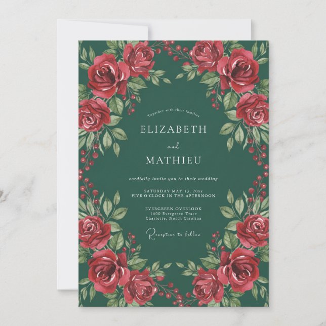 Invitation Mariage Pétale Rouge de Jade Sombre (Devant)