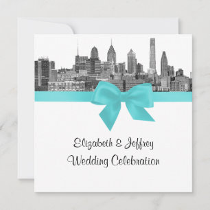 Invitation Mariage Philadelphia Skyline Etch BW Robin Egg Blu