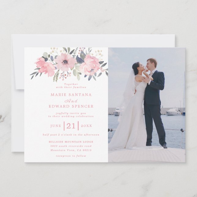 Invitation Mariage photo à fleurs roses et coutume (Devant)