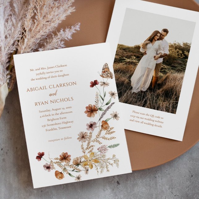 Invitation Mariage photo avec code QR floral de fleurs sauvag (Créateur téléchargé)