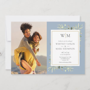 Invitation Mariage photo avec monogramme et verdure bleu pous