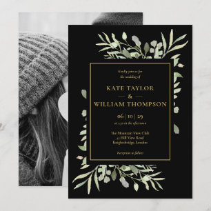 Invitation Mariage photo Black and Gold Green Foliage