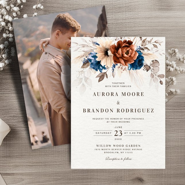 Invitation Mariage photo bleu de la marine de terre cuite (Terracotta Navy Blue Botanical Photo Wedding Invitation)