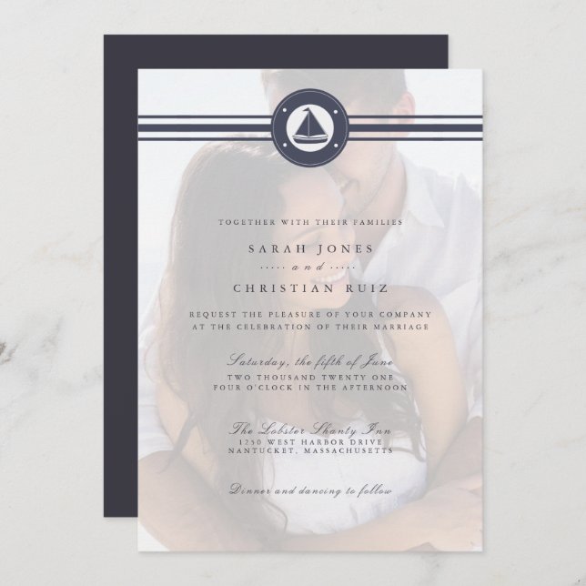 Invitation Mariage photo bleu marine  (Devant / Derrière)