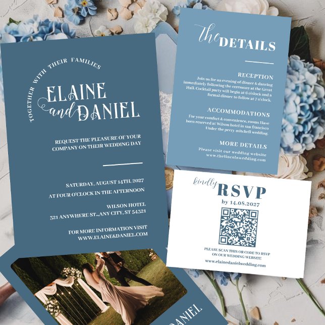 Invitation Mariage photo bleu minimaliste moderne (Créateur téléchargé)