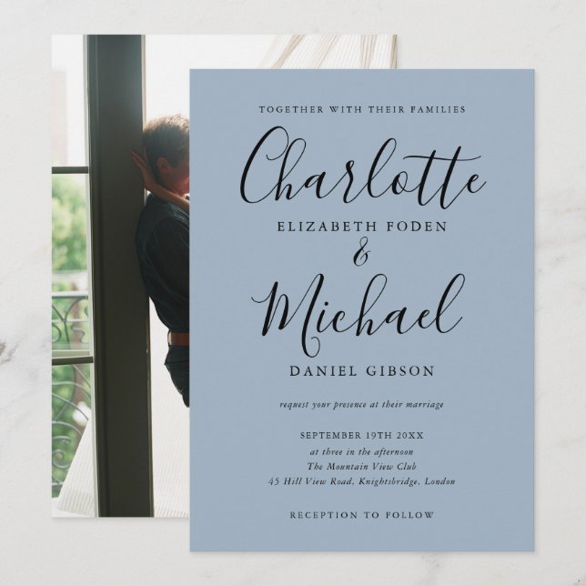 Invitation Mariage photo bleu poussiéreux de script de signat (Devant / Derrière)