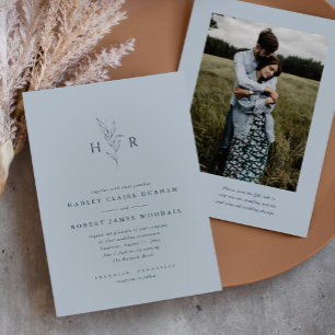 Invitation Mariage photo Blue Simple Monogramme QR Code