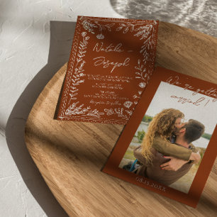 Invitation Mariage Photo Bohème Florale Terracotta Orange Brû