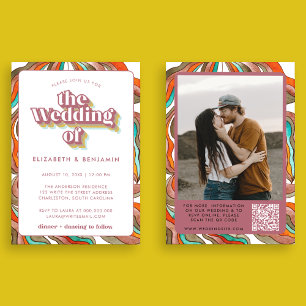 Invitation Mariage Photo Boho Groovy Rétro Code QR Rose Ondul