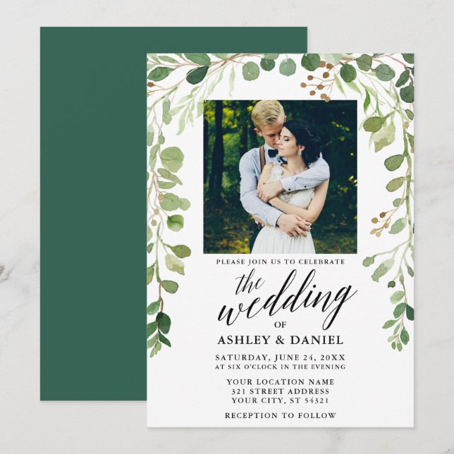 Invitation Mariage photo Botanique Green Calligraphy (Devant / Derrière)