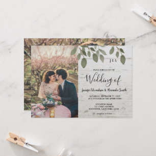 Invitation Mariage photo botanique monogrammé en bois rustiqu