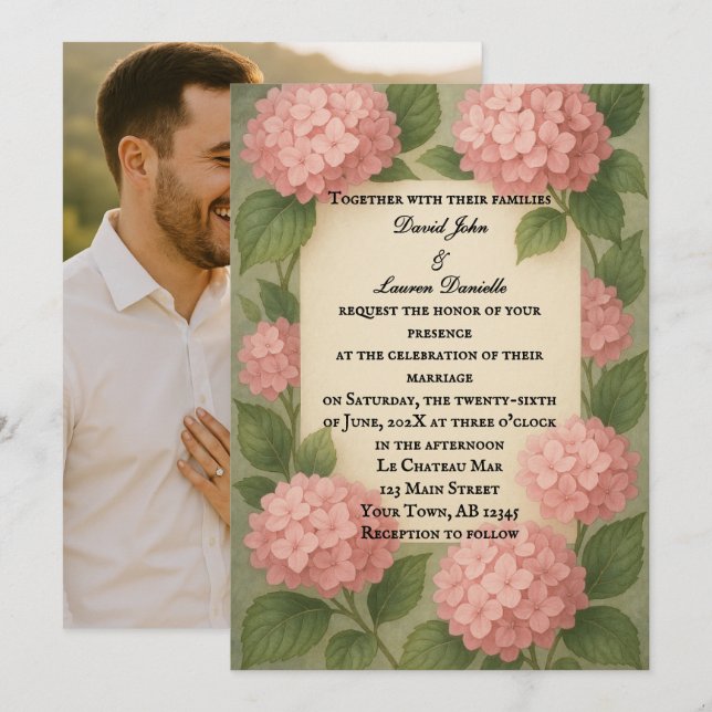 Invitation Mariage photo Budget Friendly Pink Hydrangea (Devant / Derrière)