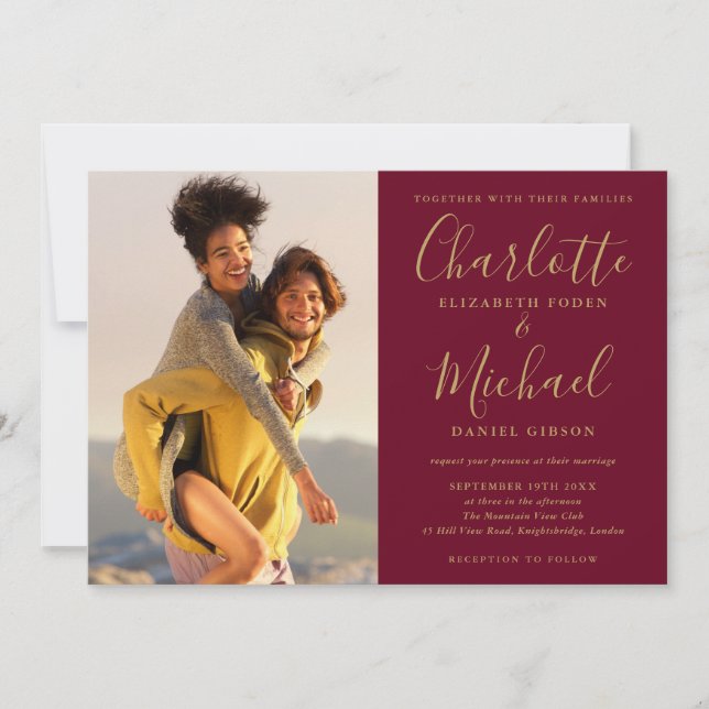 Invitation Mariage photo Burgundy et Gold Signature Script (Devant)