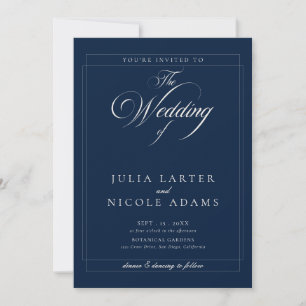 Invitation Mariage photo calligraphié ivoire bleu marine clas